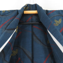 Load image into Gallery viewer, Tsumugi kimono branch pattern navy blue x red x yellow x black single-layered bat collar silk ready-made kimono length 158cm
