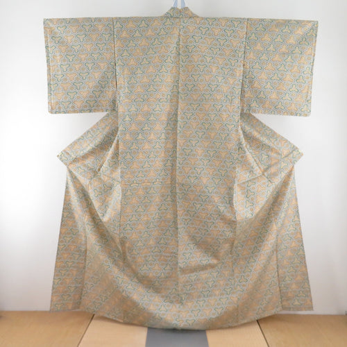 Tsumugi kimono, Bishamon turtle shell and flower pattern, spicy color x green, single-layered, Bachi collar, silk, ready-made kimono, length 161cm