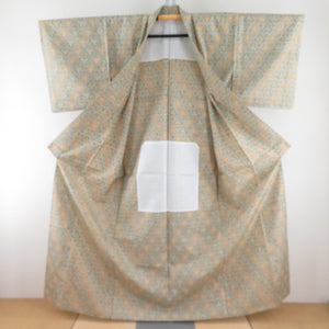 Tsumugi kimono, Bishamon turtle shell and flower pattern, spicy color x green, single-layered, Bachi collar, silk, ready-made kimono, length 161cm