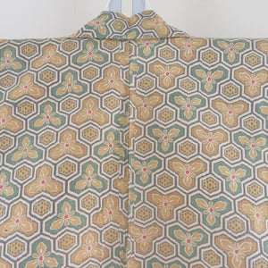 Tsumugi kimono, Bishamon turtle shell and flower pattern, spicy color x green, single-layered, Bachi collar, silk, ready-made kimono, length 161cm