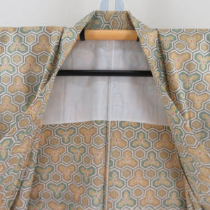 Tsumugi kimono, Bishamon turtle shell and flower pattern, spicy color x green, single-layered, Bachi collar, silk, ready-made kimono, length 161cm