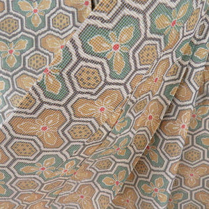 Tsumugi kimono, Bishamon turtle shell and flower pattern, spicy color x green, single-layered, Bachi collar, silk, ready-made kimono, length 161cm