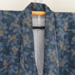 Tsumugi kimono, flower pattern, blue x pink x yellow, wide collar, silk, ready-made kimono, length 151cm
