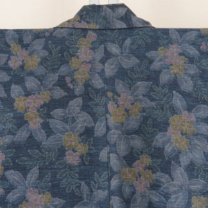 Tsumugi kimono, flower pattern, blue x pink x yellow, wide collar, silk, ready-made kimono, length 151cm