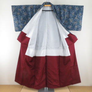 Tsumugi kimono, flower pattern, blue x pink x yellow, wide collar, silk, ready-made kimono, length 151cm