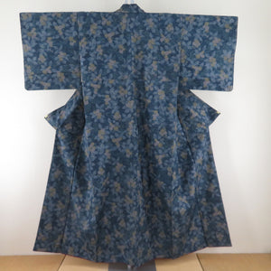 Tsumugi kimono, flower pattern, blue x pink x yellow, wide collar, silk, ready-made kimono, length 151cm