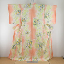 Load image into Gallery viewer, Small pattern, flower pattern, salmon pink x yellow x white, wide collar, silk, ready-made kimono, length 161cm