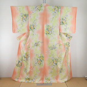 Small pattern, flower pattern, salmon pink x yellow x white, wide collar, silk, ready-made kimono, length 161cm