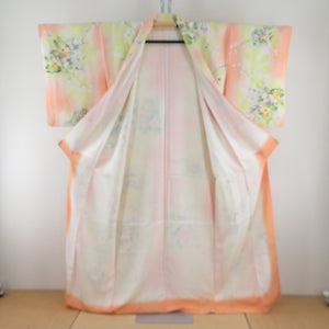 Small pattern, flower pattern, salmon pink x yellow x white, wide collar, silk, ready-made kimono, length 161cm