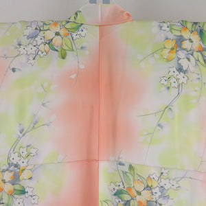 Small pattern, flower pattern, salmon pink x yellow x white, wide collar, silk, ready-made kimono, length 161cm