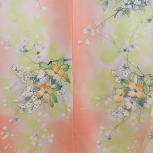 Small pattern, flower pattern, salmon pink x yellow x white, wide collar, silk, ready-made kimono, length 161cm