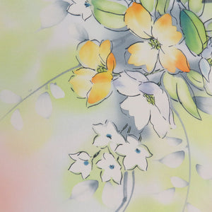 Small pattern, flower pattern, salmon pink x yellow x white, wide collar, silk, ready-made kimono, length 161cm