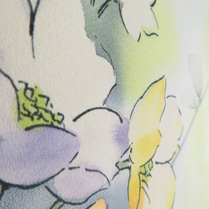 Small pattern, flower pattern, salmon pink x yellow x white, wide collar, silk, ready-made kimono, length 161cm