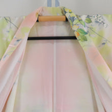 Load image into Gallery viewer, Small pattern, flower pattern, salmon pink x yellow x white, wide collar, silk, ready-made kimono, length 161cm