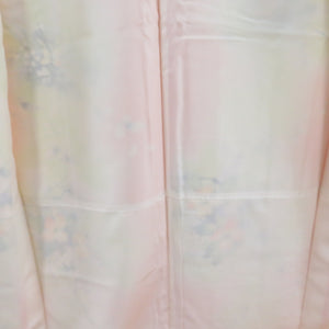 Small pattern, flower pattern, salmon pink x yellow x white, wide collar, silk, ready-made kimono, length 161cm