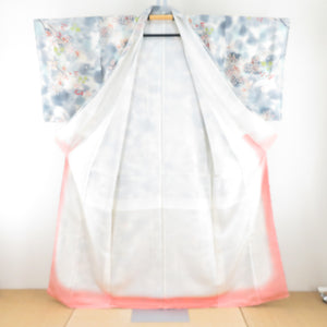 小紋 植物模様 灰色ｘ白色ｘオレンジ色 ぼかし染め 袷 広衿 絹 仕立て上がり着物 身丈160cm