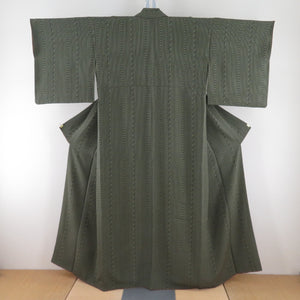 小紋 緑色ｘ黒色 縦縞に唐草花模様 正絹 広衿 仕立て上がり着物 身丈155cm
