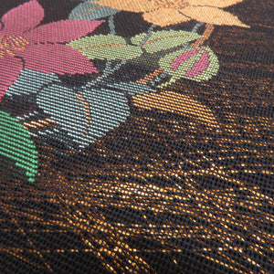 袋帯 夏用 紗地 黒色 花丸 金糸 全通柄 正絹 芯なし 夏物 長さ440cm