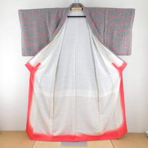 小紋 黒ｘ白ｘ赤 雲取りに小花模様 正絹 広衿 仕立て上がり着物 身丈161cm