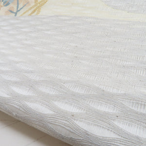 袋帯 夏用 すくい織り 白灰色 桔梗に萩 お太鼓柄 正絹 芯入り仕立て 夏物 長さ460cm 美品