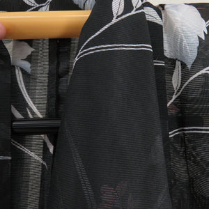 夏着物 単衣 絽 ポリエステル 洗える着物 夏用 小紋 花模様 黒色ｘ灰色ｘサーモンピンク色 広衿 仕立て上がり 身丈156cm