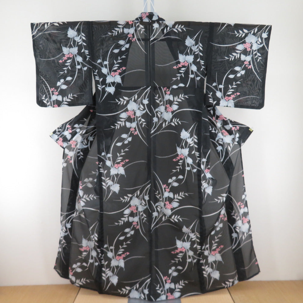 夏着物 単衣 絽 ポリエステル 洗える着物 夏用 小紋 花模様 黒色ｘ灰色ｘサーモンピンク色 広衿 仕立て上がり 身丈156cm