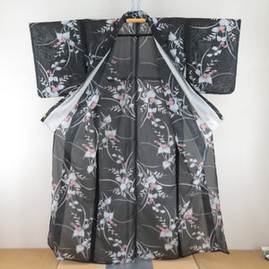 夏着物 単衣 絽 ポリエステル 洗える着物 夏用 小紋 花模様 黒色ｘ灰色ｘサーモンピンク色 広衿 仕立て上がり 身丈156cm