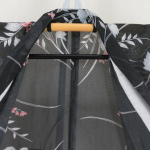夏着物 単衣 絽 ポリエステル 洗える着物 夏用 小紋 花模様 黒色ｘ灰色ｘサーモンピンク色 広衿 仕立て上がり 身丈156cm