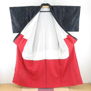 紬 着物 大島紬 花に源氏車模様 黒ｘ紺色ｘ赤色 袷 広衿 正絹 カジュアル 仕立て上がり 身丈157cm