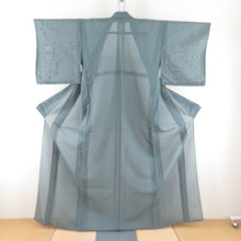 Load image into Gallery viewer, 色無地 夏用 紗 単衣 広衿 絹 緑色 一つ紋 縫い紋 織田瓜紋 仕立て上がり 身丈161cm