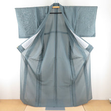 Load image into Gallery viewer, 色無地 夏用 紗 単衣 広衿 絹 緑色 一つ紋 縫い紋 織田瓜紋 仕立て上がり 身丈161cm