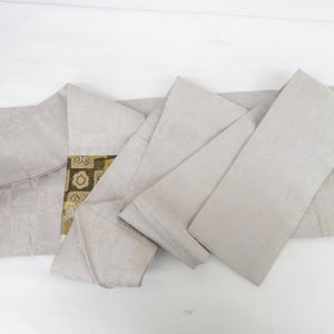 名古屋帯 華紋 切嵌 寿字地紋 織り柄 灰色 六通柄 九寸帯 仕立て上がり 着物帯 長さ384cm