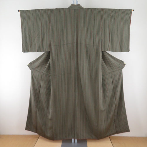 小紋 縮緬 緑色ｘ赤茶色 縞模様 正絹 バチ衿 仕立て上がり着物 身丈152cm