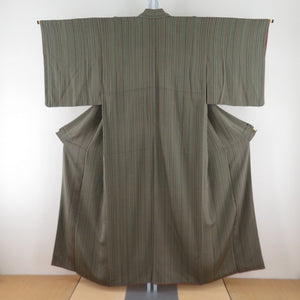 小紋 縮緬 緑色ｘ赤茶色 縞模様 正絹 バチ衿 仕立て上がり着物 身丈152cm