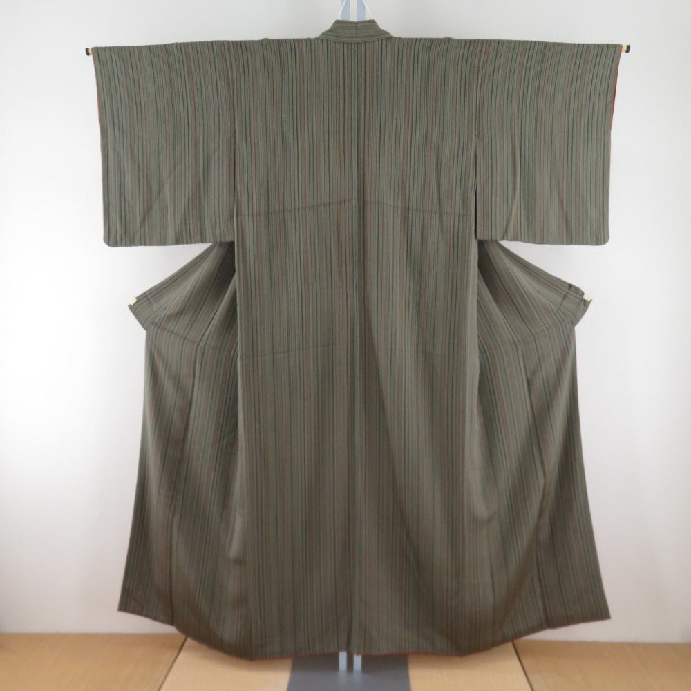 小紋 縮緬 緑色ｘ赤茶色 縞模様 正絹 バチ衿 仕立て上がり着物 身丈152cm