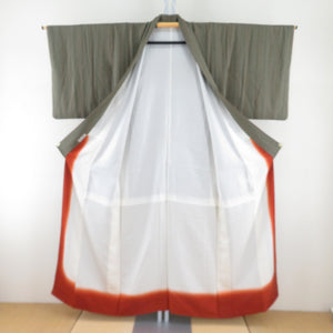 小紋 縮緬 緑色ｘ赤茶色 縞模様 正絹 バチ衿 仕立て上がり着物 身丈152cm