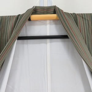 小紋 縮緬 緑色ｘ赤茶色 縞模様 正絹 バチ衿 仕立て上がり着物 身丈152cm