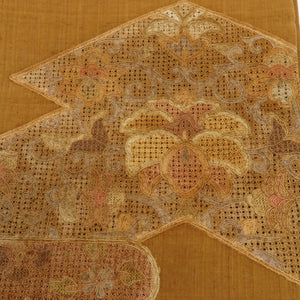 袋帯 紬地 蘇州刺繍 スワトウ刺繍 花唐草文様 正絹 茶色 お太鼓柄 カジュアル 仕立て上がり 着物帯 長さ455cm 美品