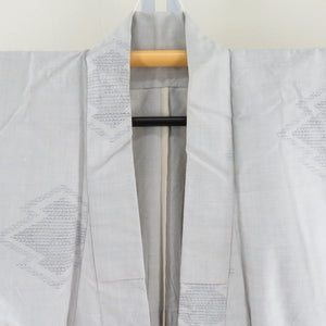 紬 着物 単衣 稲妻模様 灰色ｘ薄青色 バチ衿 絹 仕立て上がり着物 身丈155cm