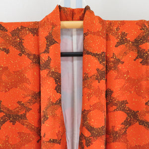 小紋 タタキ染め 網模様 オレンジ色ｘ茶色 正絹 広衿 仕立て上がり着物 身丈158cm