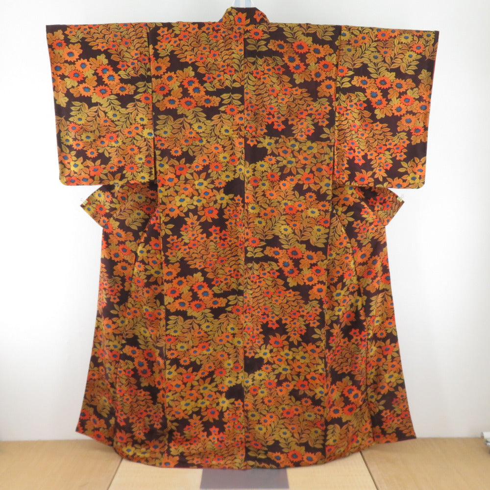小紋 花模様 茶色ｘ辛子色ｘ青色 正絹 広衿 仕立て上がり着物 身丈158cm 【キモノオフ野々市若松店】 小紋 花模様 茶色x辛子色x青色 正絹 広衿 仕立て上がり着物【中古