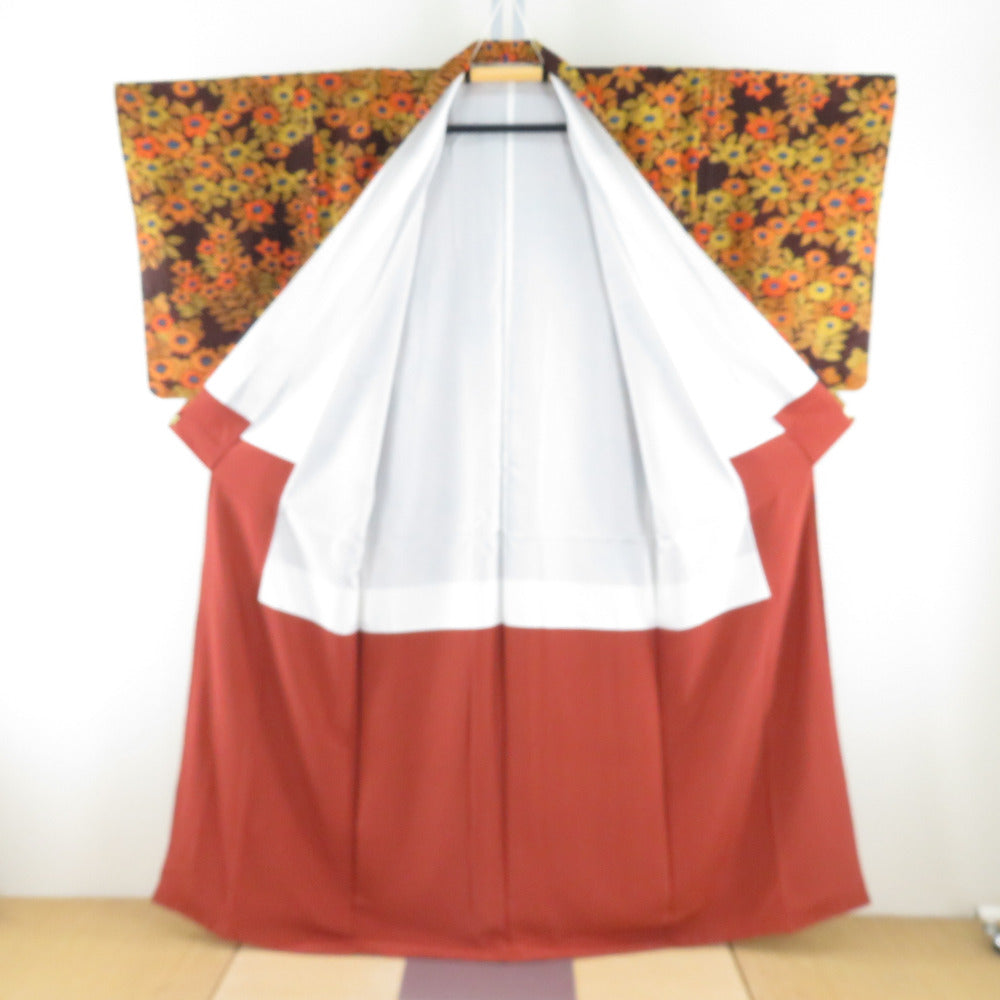 小紋 花模様 茶色ｘ辛子色ｘ青色 正絹 広衿 仕立て上がり着物 身丈158cm 【キモノオフ野々市若松店】 小紋 花模様 茶色x辛子色x青色 正絹 広衿 仕立て上がり着物【中古