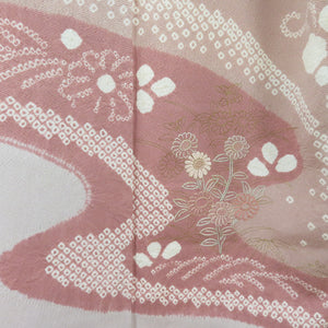 訪問着 絞り 刺繍入り 薄小豆色ｘベージュピンク色 流水に萩模様 広衿 正絹 仕立て上がり着物 身丈158cm