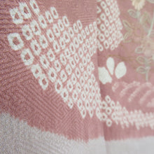 Load image into Gallery viewer, 訪問着 絞り 刺繍入り 薄小豆色ｘベージュピンク色 流水に萩模様 広衿 正絹 仕立て上がり着物 身丈158cm