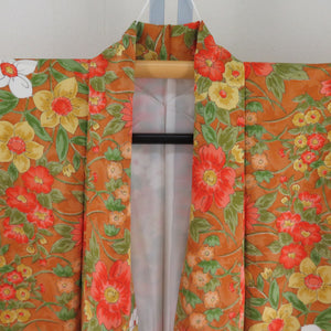 小紋 花々模様 茶色ｘオレンジ色ｘ黄色ｘ緑色 正絹 広衿 仕立て上がり着物 身丈158.5cm
