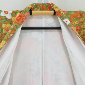 小紋 花々模様 茶色ｘオレンジ色ｘ黄色ｘ緑色 正絹 広衿 仕立て上がり着物 身丈158.5cm