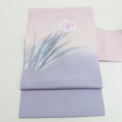 名古屋帯 絽 夏用 菖蒲 手描き 桃色 紫色 染め分け 芯入り仕立て 正絹 着物帯  長さ368cm