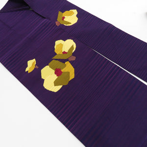 名古屋帯 綴れ 椿柄 紫色 お太鼓柄 八寸帯 仕立て上がり 着物帯 カジュアル 長さ359cm