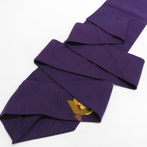名古屋帯 綴れ 椿柄 紫色 お太鼓柄 八寸帯 仕立て上がり 着物帯 カジュアル 長さ359cm
