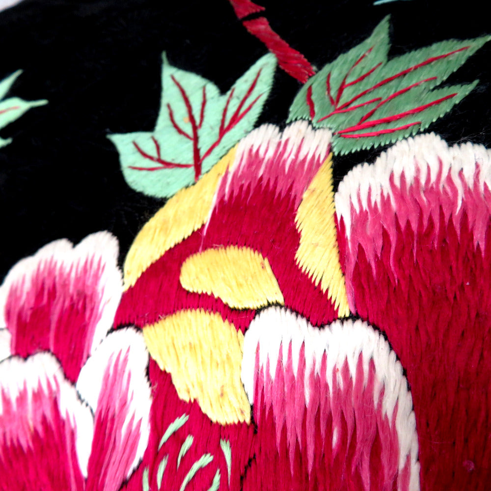 名古屋帯 繻子 昔 アンティーク帯 昔名古屋帯 黒 多色 大花 刺繍